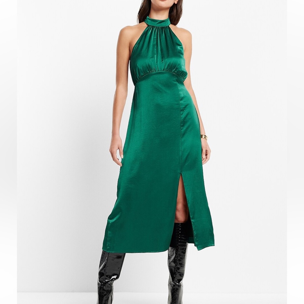 Express Satin Halter Neck Slit Midi Dress